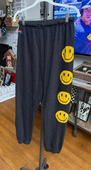 Aviator Nation Smiley Face sweatpants feature yellow smiley face graphics medium thumbnail 1