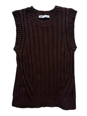 Zara Chocolate Brown Ribbed Sweater Vest Size Large thumbnail 1