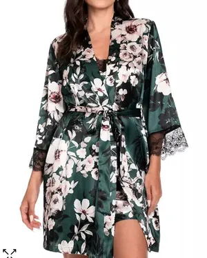 Floral Satin Kimono Robe - Green thumbnail 1