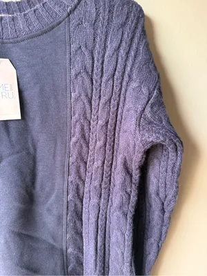 NWT Cable Knit Mixed Media Sweater Navy Blue Crewneck Cozy‎ Women’s Small thumbnail 2