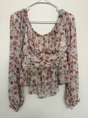 Floral Ruched Peplum Blouse - Dusty Rose on Ivory thumbnail 1