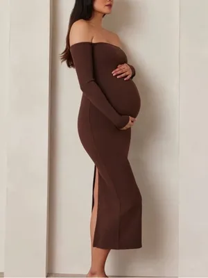 NWT Bumpsuit Sculpting Rib Off Shoulder Maternity Dress XS Brown Bodycon Midi thumbnail 7