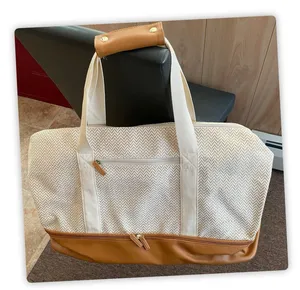 DSW NWOT Duffle Weekender Bag Herringbone‎ Pattern Cream and Camel Color thumbnail 1