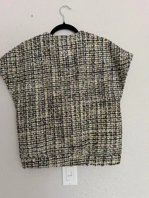 Zara collection black gold sequin tweed button down short sleeve blouse XS S thumbnail 9