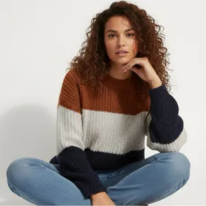 Davi & Dani Colorblock Striped Shaker Knit Sweater Brown Navy Preppy Size M thumbnail 1