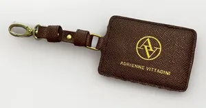 Adrienne Vittadini Brown luggage tag ID holder brown leather gold tone Logo thumbnail 1