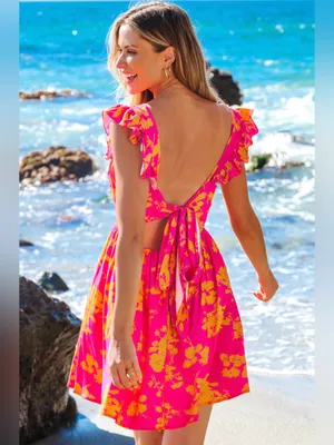 Cupshe Pink & Orange Floral Flutter Sleeve Mini Dress Sz M thumbnail 2