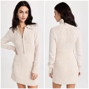 Free People Mont Blanc Mini Dress Cable‎ Knit Zip Quiet Luxury Bodycon M Oatmeal thumbnail 2