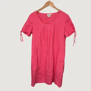 Hot Cotton Pink 100% Linen Pintuck Shift Dress Short Tie Sleeve Size M thumbnail 2