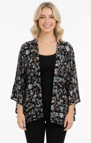 Sim & Sam black floral kimono top size small thumbnail 1