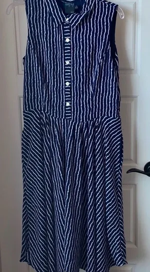 Gabby Skye Sleeveless Navy and White Striped Button-Front Dress thumbnail 1