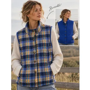 Quilted Reversible Vest Womens L Blue Plaid Grandmacore Eclectic Country Vintage thumbnail 2