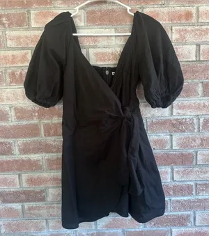 Abercrombie Fitch Faux Wrap Dress Linen Blend Black Women’s Small Puff Sleeve thumbnail 1