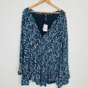 Free People NWT “Olivia” blue and green floral print swingy tunic mini dress. M thumbnail 3