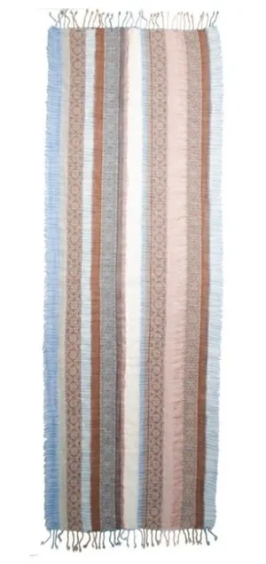PRANA Mae Scarf Wrap Fringed Striped Tan Blue Cream Multicolored 100% Wool thumbnail 1
