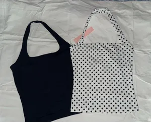 Halter Tank Top Set Solid Black‎ and White Polka Dot Square Neck 2 Pack Black Size XS thumbnail 1
