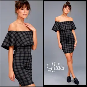 🛍️ Lulus Gray Plaid Small Town Off the shoulder Body con dress S thumbnail 2