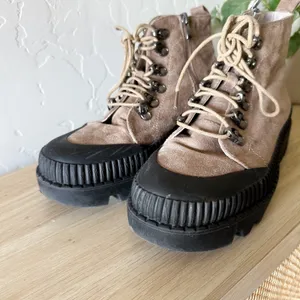 Chase‎ + Chloe | Chelsey Lace-Up Faux Suede Ankle Boot in Tan/Black thumbnail 3