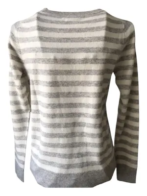 C&C California 100% Cashmere Sweater Women M Gray White Striped Crewneck 2-Ply thumbnail 2