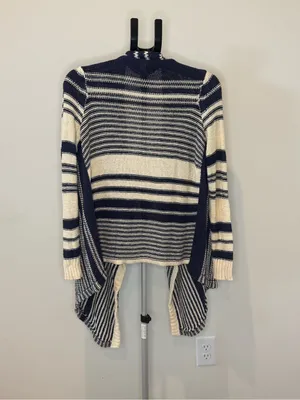 Lucky Brand Women’s M Navy Cream Striped Waterfall Cardigan Open Front Sweater thumbnail 4