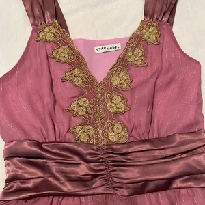 Star Model size small purple mini dress with gold accents and satin ribbon GUC thumbnail 5