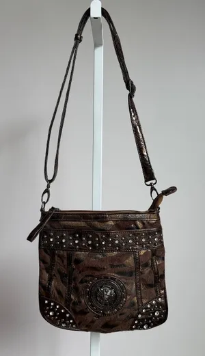 Anne Klein Small Brown Crossbody Bag Zebra Print Studded Lion‎ Head Y2K McBling thumbnail 1