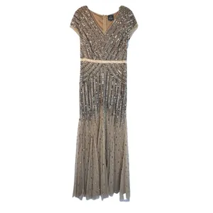 NWT Adrianna Papell Long Beaded‎ V-Neck Gown w/ Cap Sleeves & Waistband – Size 6 thumbnail 8