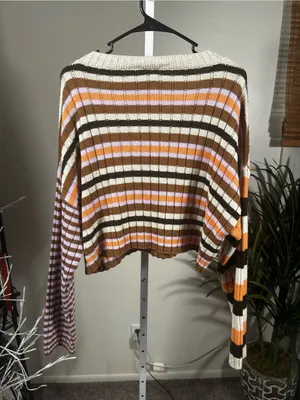 P193. BDG Striped V-Neck Cropped Sweater in Cream, Brown & Orange thumbnail 5