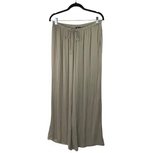 Zara Women's Beige Khaki High Waisted Drawstring Wide Leg Trousers Pants Size L thumbnail 2
