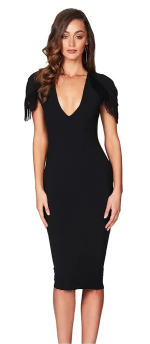 Nookie Mendez Midi Black Tassel Cap Sleeve Dress XS NEW thumbnail 1