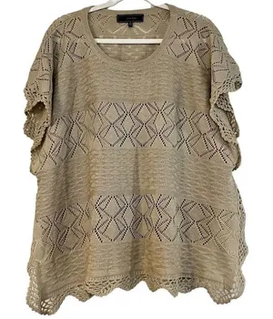 Lumiere Women’s Tan Knit Crochet Poncho Blouse One Size thumbnail 1