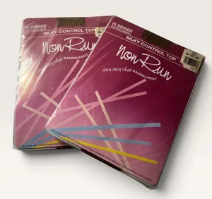 2pk Vintage Non Run Sheer Sandalfoot Pantyhose Silky Control Top Spice Size A thumbnail 1