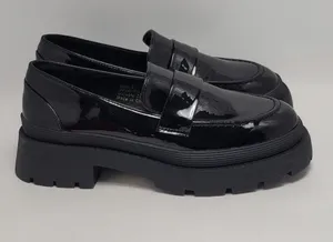 New York & Company Women's Penny Chunky Lug Sole Black Patent Leather Loafers 9 thumbnail 1