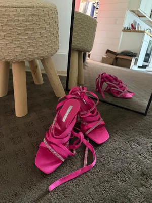 Liliana Hot Pink Rhinestone Wrap Stiletto Sandals thumbnail 3
