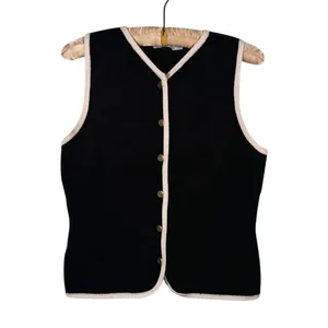 Abercrombie Mara V-Neck Gold Button Sweater Vest Womens M Black Preppy Old Money thumbnail 2