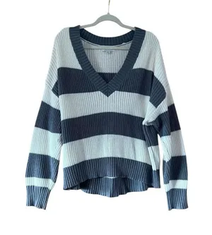 American Eagle Outfitters Striped V-Neck Sweater thumbnail 1