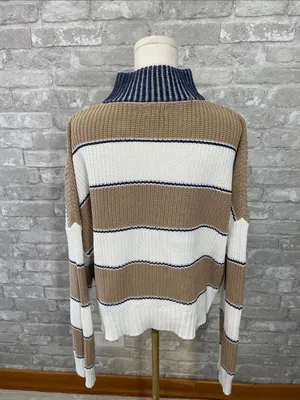 Elan Striped Half-Zip Ribbed Sweater - White, Tan & Navy thumbnail 3