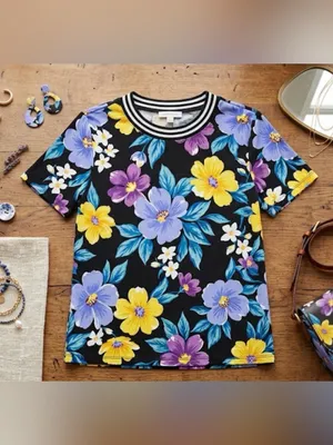 Susan Graver Black Short-Sleeve Tee with Purple, Yellow and Blue Floral Print thumbnail 2