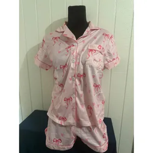 NIB Pink Bow and Heart Print Satin Pajama Set Short Sleeve Button Down Shorts S thumbnail 2