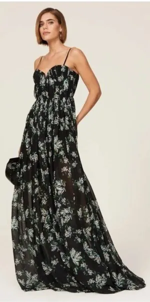 Sau Lee Georgina Gown 14 Floral Black Maxi Chiffon Pleated Aline Bodice thumbnail 1