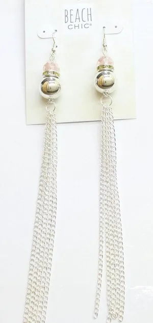 NWT Beach Chic Beaded Long Chain Drop Earrings Silver Gray / Multi 6.5" Pink thumbnail 1
