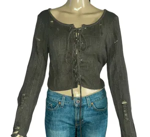 Lace Up Destroyed Cropped Sweater thumbnail 1