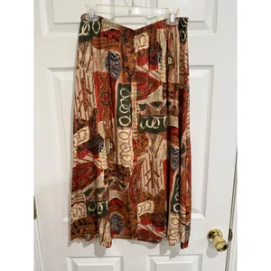 Vintage 90s Midi Abstract Geometric Print Skirt Elastic‎ Waist Brown Large thumbnail 5