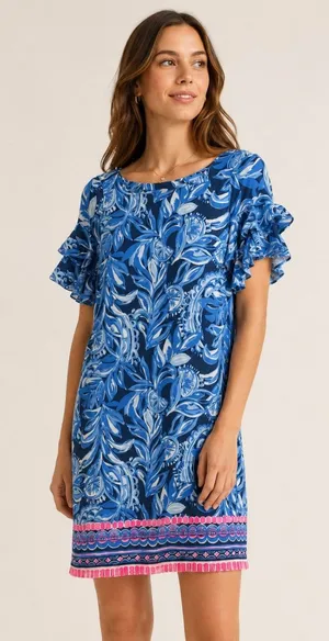 Lilly Pulitzer Blue Floral A-Line Dress XS Pink Border Ruffle Sleeve Rayon Spand thumbnail 1