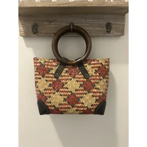 Small Woven Straw Handbag Purse With Wood Handles Lined Boho Beach Native Bag thumbnail 3