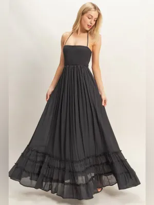 HYFVE Black Halter Smocked Maxi Dress with Tiered Ruffle Hem L thumbnail 3