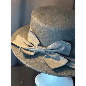 Vintage Black 100% Wool Boater Hat Made in USA Grosgrain Ribbon Bow WPL 4384 thumbnail 5