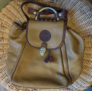 Valentina Italian Genuine Pebbled Brown Leather Drawstring Backpack Tan thumbnail 1