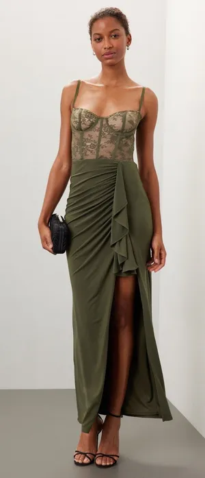 Katie May Willow Olive Green Lace Bustier Maxi Formal Gown Dress Sz XL thumbnail 1