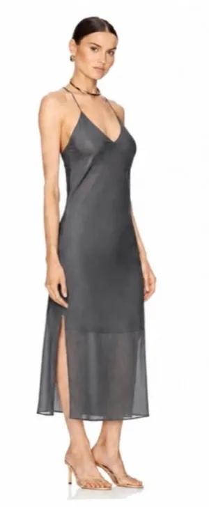 NWT Revolve x Gold Hawk 100% Silk Gray Slate Sheer Hem Maxi Slip Dress thumbnail 1
